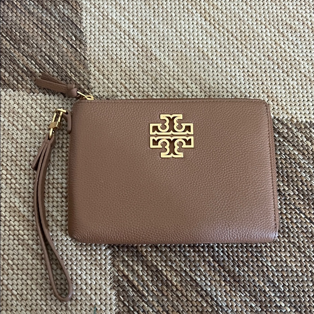 Tory Burch Tan Wristlet with Gold Logo